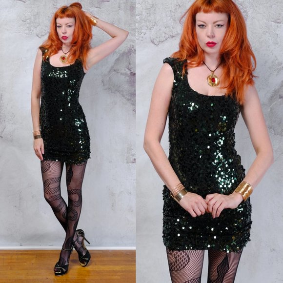1990s Vintage B Darlin green sequin bodycon dress - Picture 1 of 5
